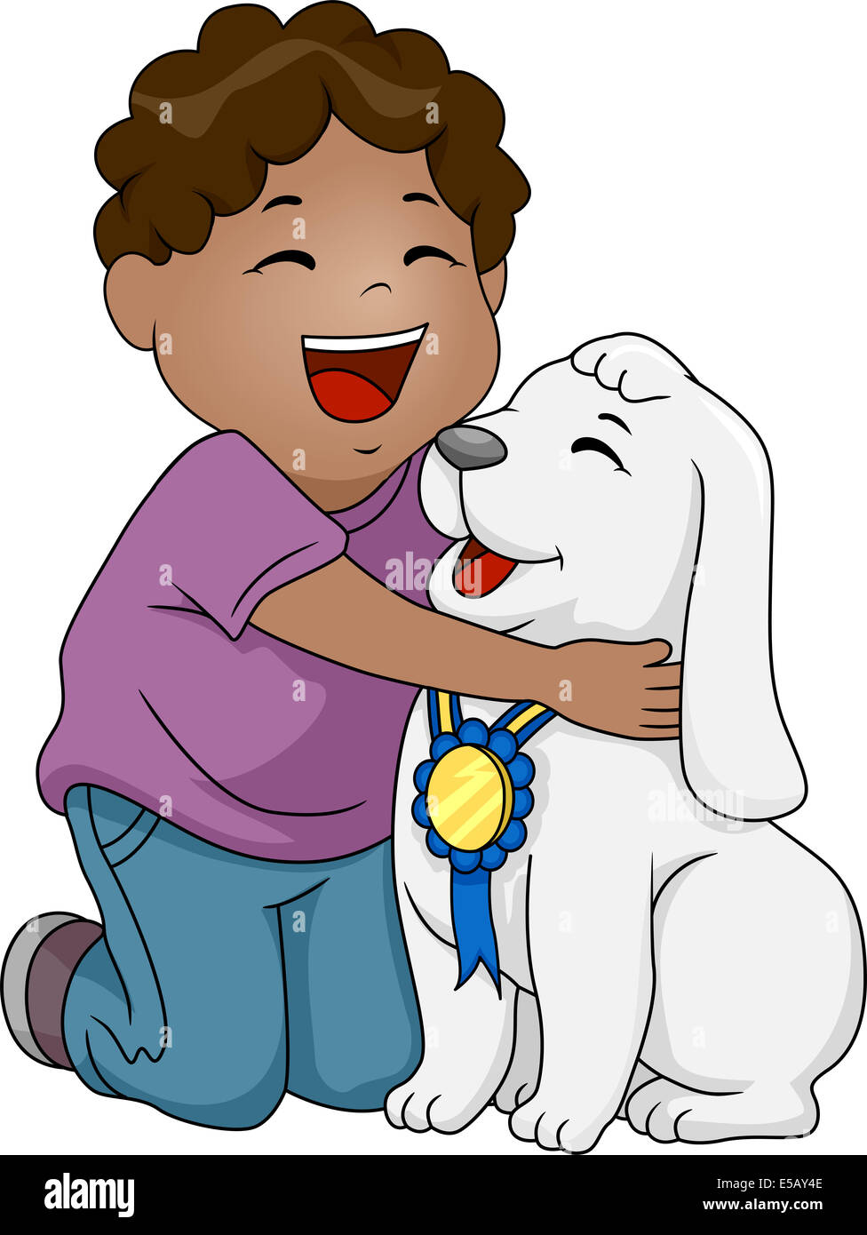 Illustrazione di un ragazzo afro-americano tenendo un cane con un nastro pendente dal suo collo Foto Stock
