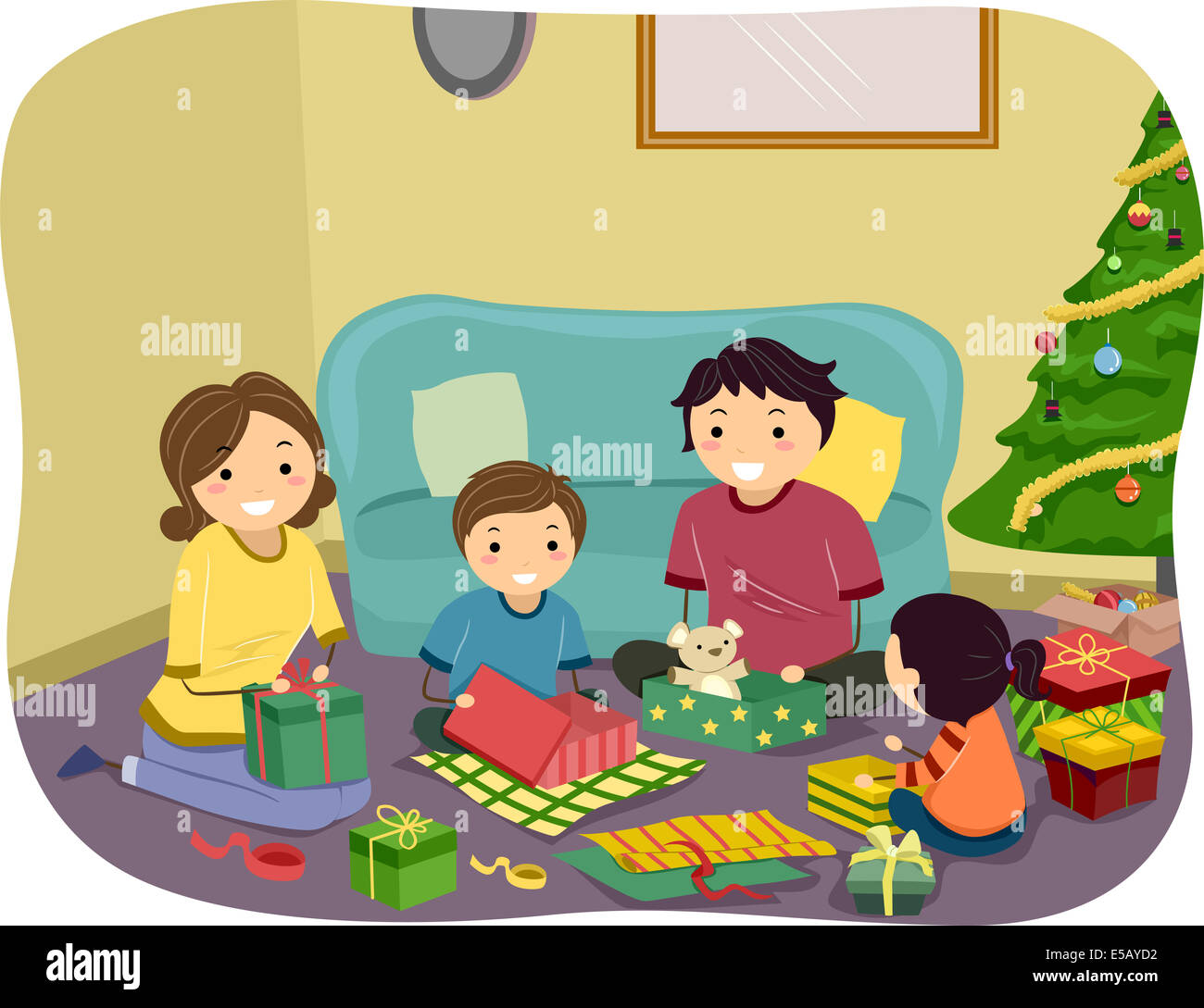 Illustrazione di una famiglia di aprire i regali di Natale insieme Foto Stock