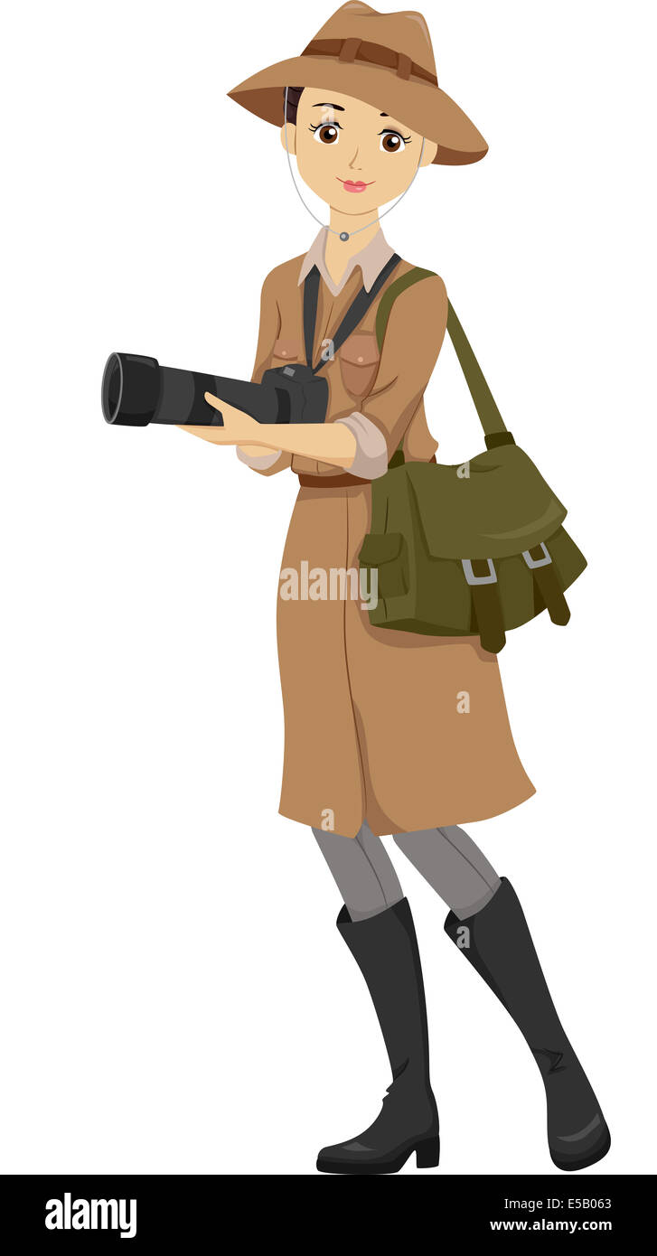 Illustrazione di una ragazza adolescente vestito con un abito di Safari in possesso di una fotocamera reflex digitale Foto Stock