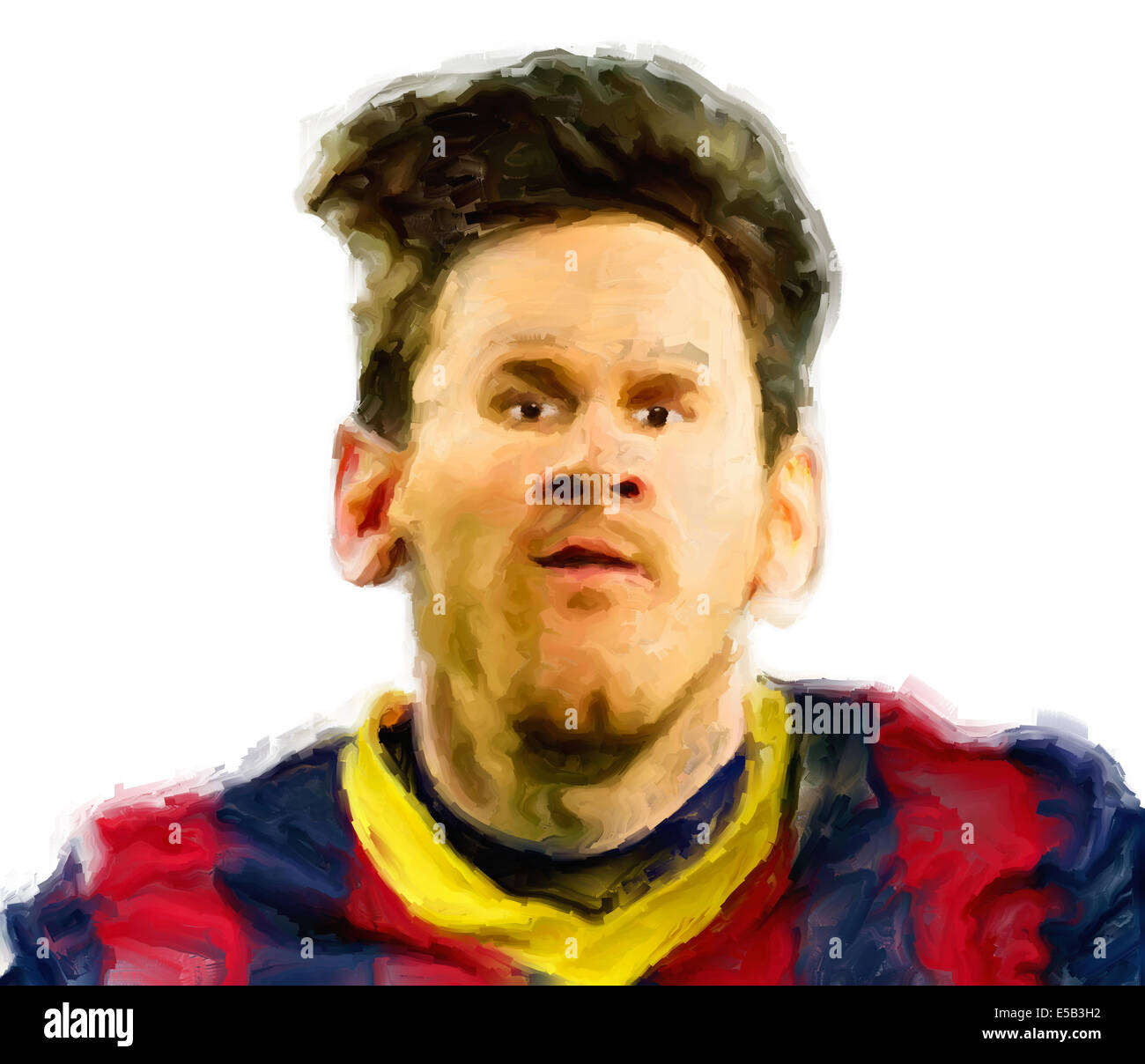 La caricatura ritratto dipinto del calciatore Lionel Messi in una maglietta di Barcellona su sfondo bianco Foto Stock