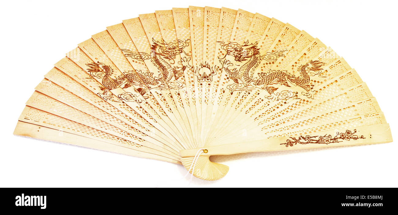 Bellissime foto di legno vintage fan cinesi con Dragon. Foto Stock