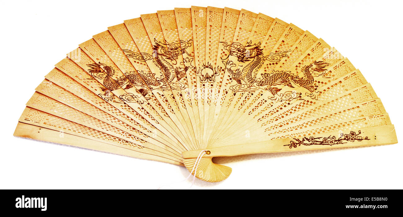 Bellissime foto di legno vintage fan cinesi con Dragon. Foto Stock