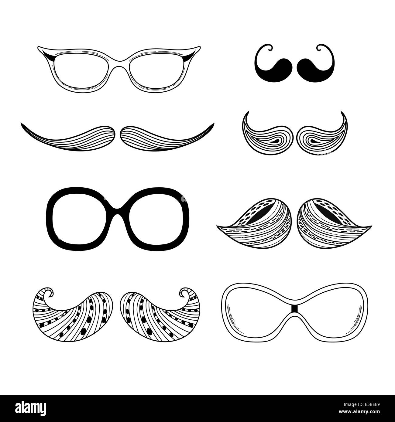 Una grafica diversa Hipster occhiali, Hipster baffi. Delineate illustrazione Foto Stock