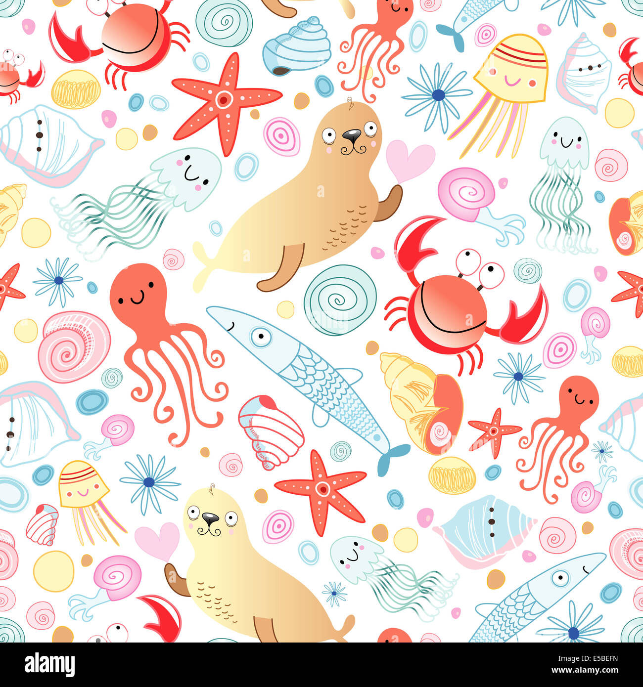 Seamless pattern luminosi di animali marini su sfondo bianco Foto Stock