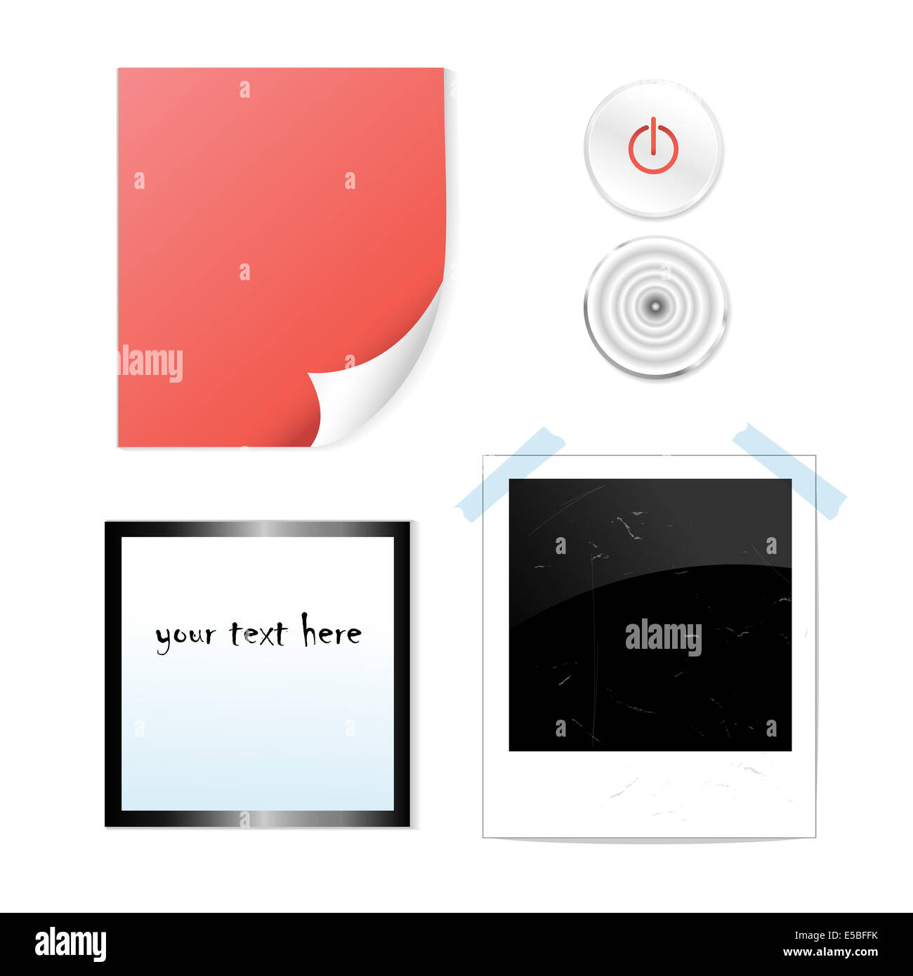 Insieme di diversi elementi di design telaio un pezzo di carta, polaroid, i pulsanti su sfondo bianco Foto Stock
