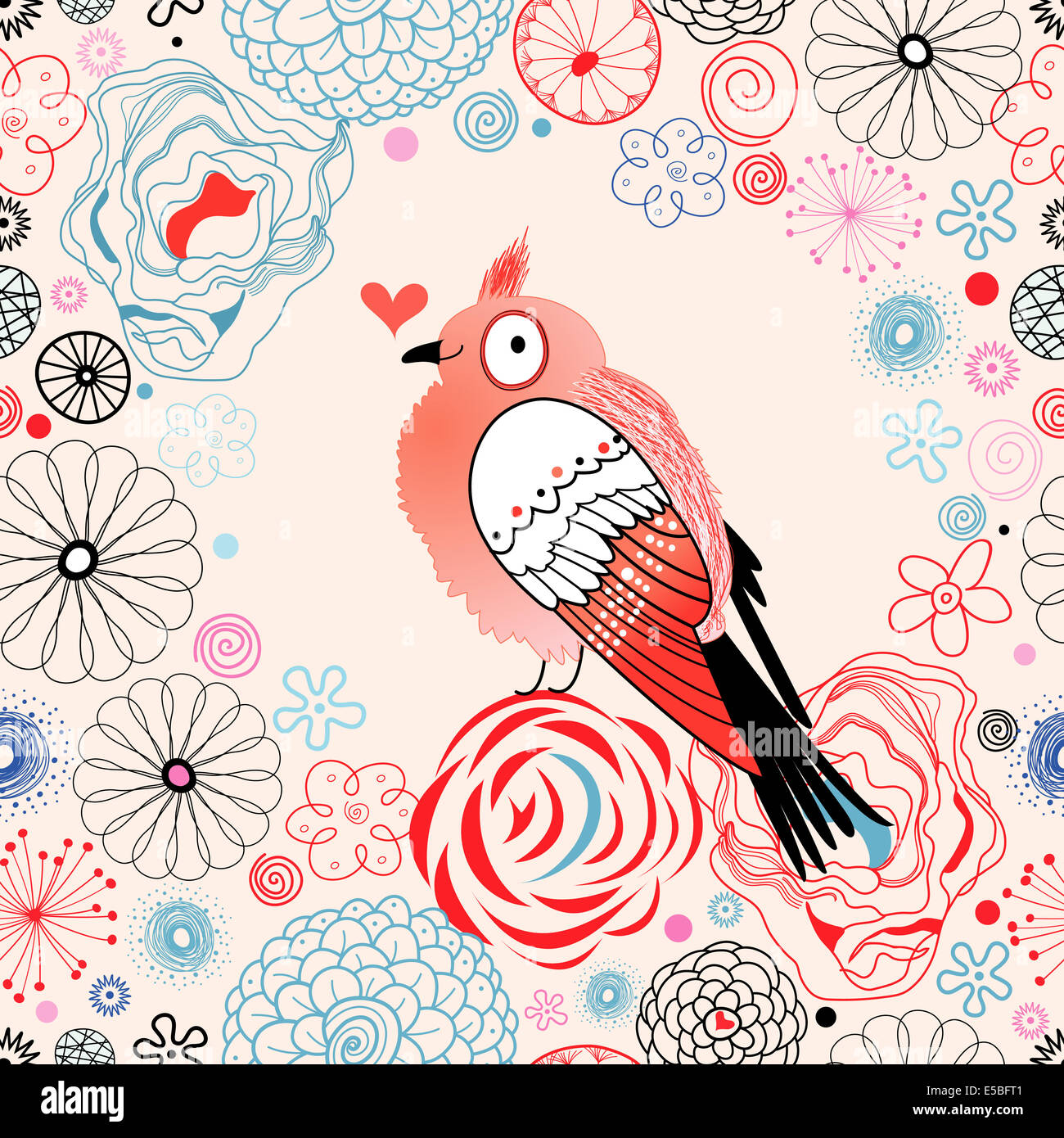 Bellissimo uccello amore floreale su sfondo decorativo Foto Stock