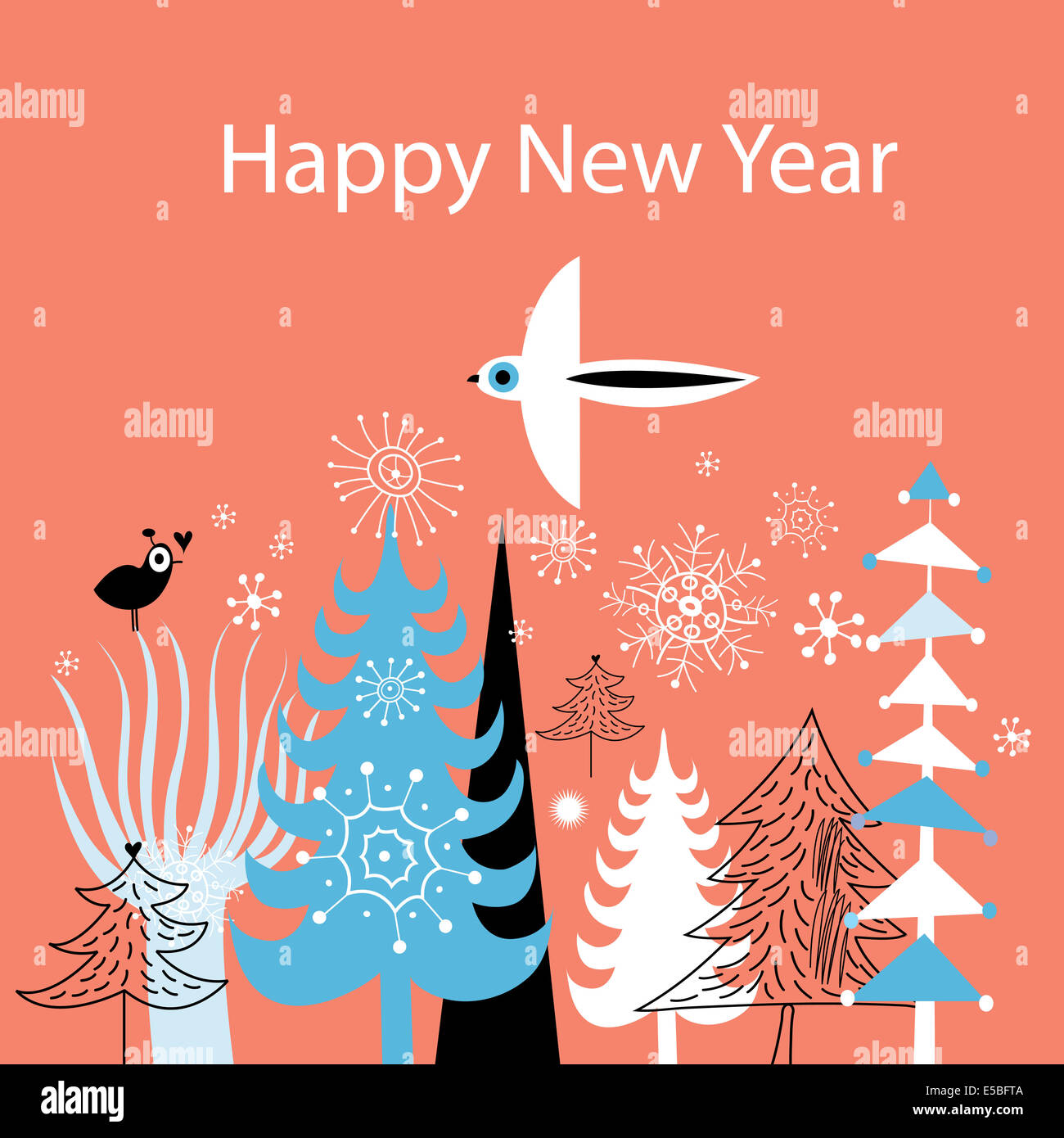 Buon Natale biglietto di auguri con alberi di Natale e gli uccelli su uno sfondo rosso con i fiocchi di neve Foto Stock