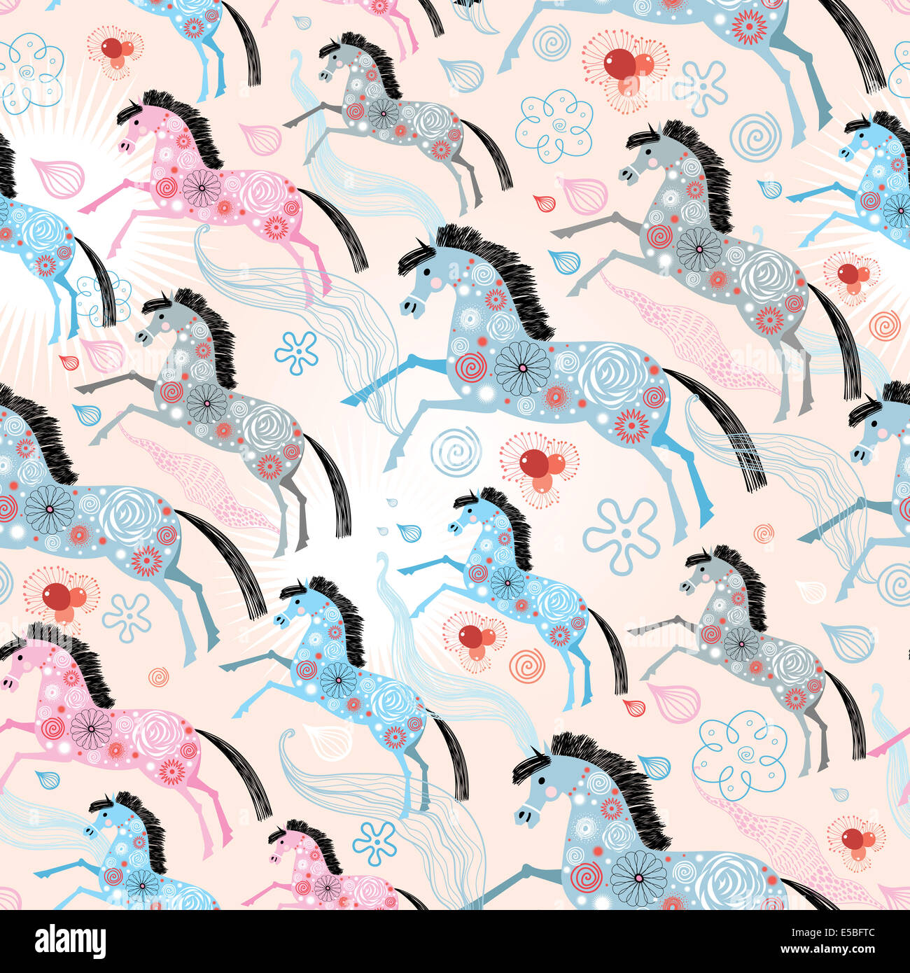 Luminose seamless motivo ornamentale con cavalli su uno sfondo rosa Foto Stock
