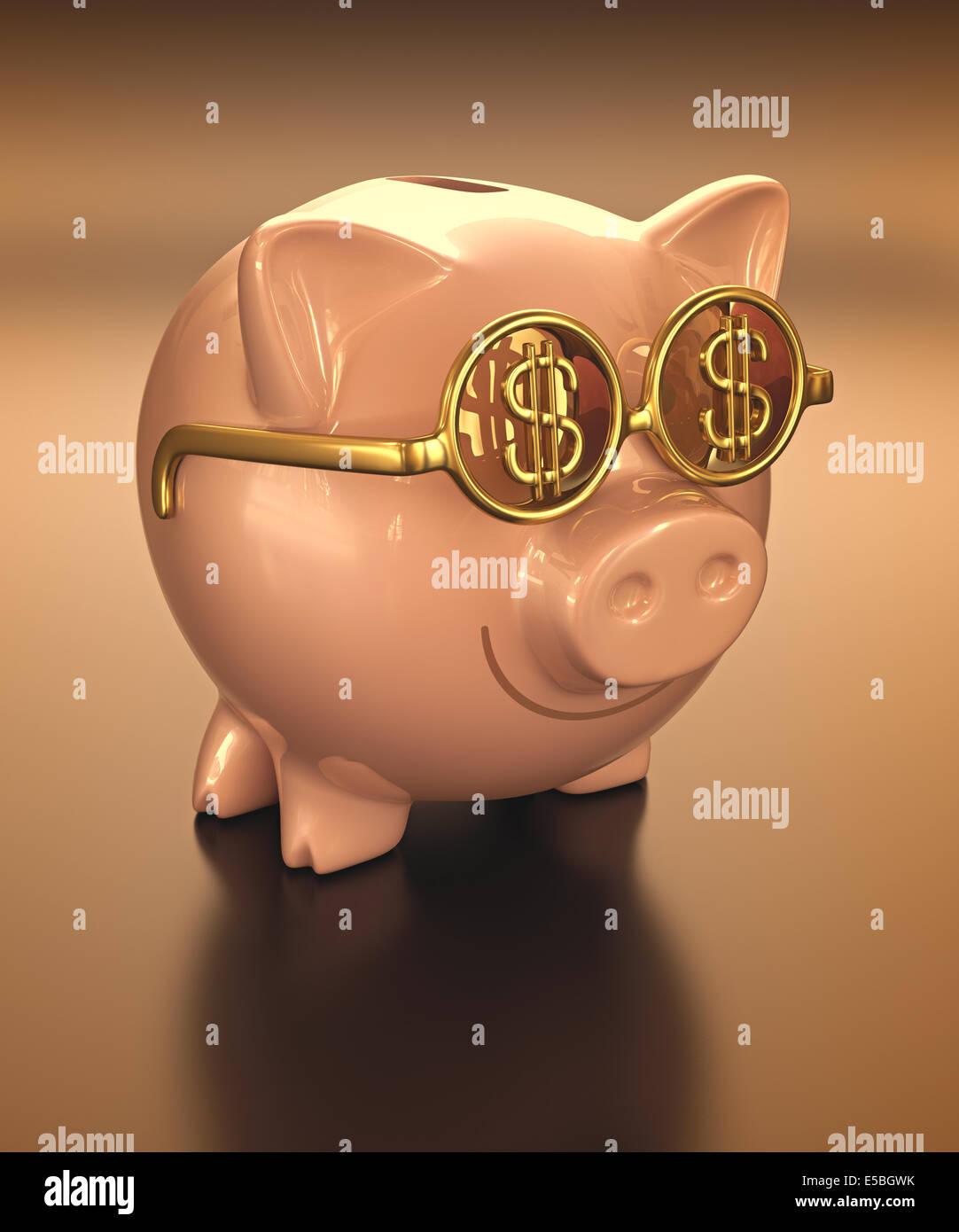 Salvadanaio di indossare occhiali da sole con segno di denaro. Percorso di clipping incluso. Foto Stock