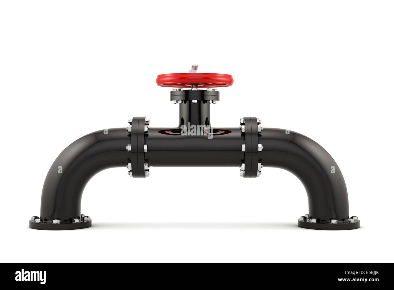 3D render di olio nero tubo con valvola rossa, isolato su sfondo bianco Foto Stock