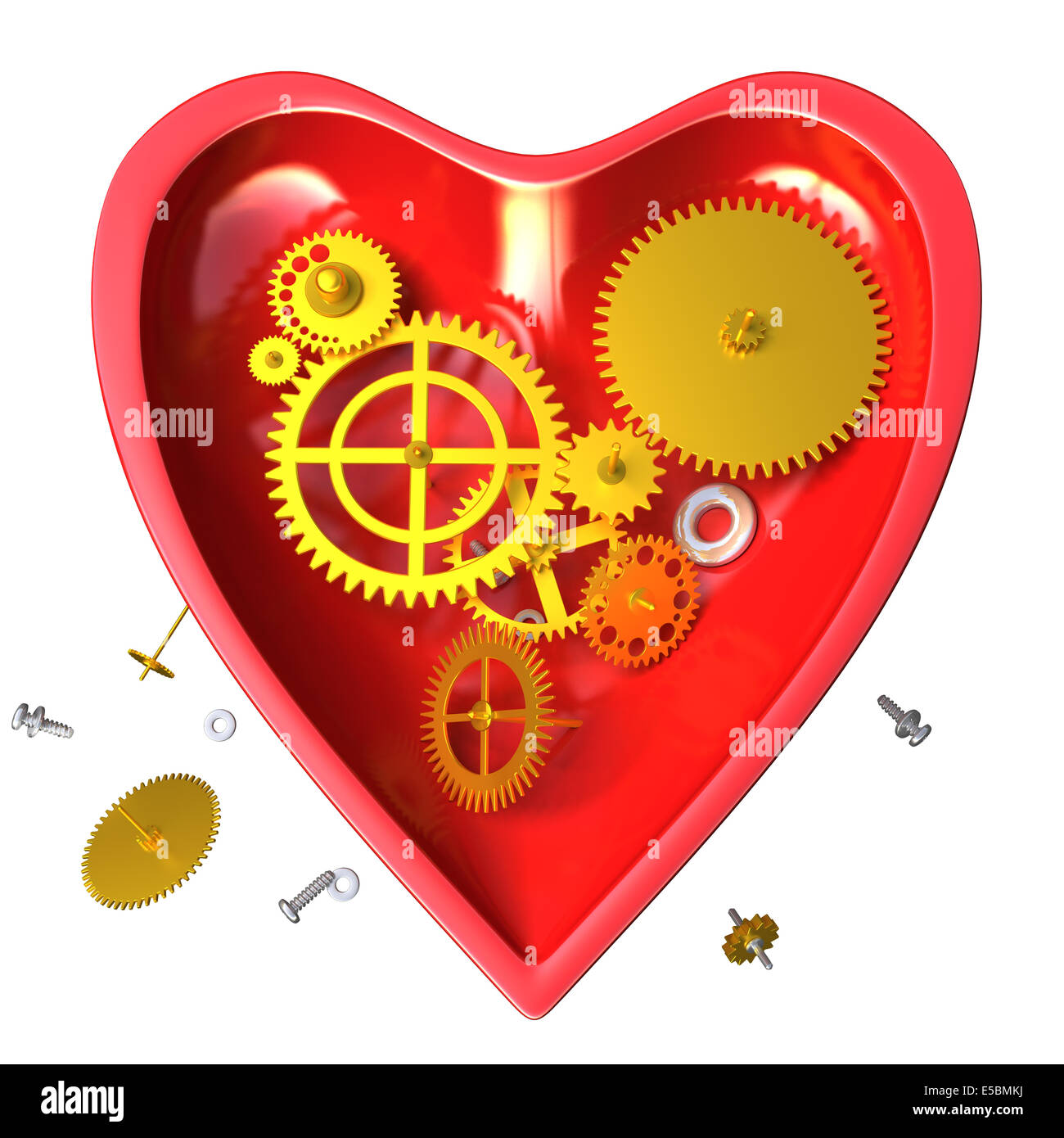 Rotto cuore meccanico o orologio rosso come il cuore aperto con la precisione di un orologio. Concettuale e metaforico 3d illustrazione Foto Stock