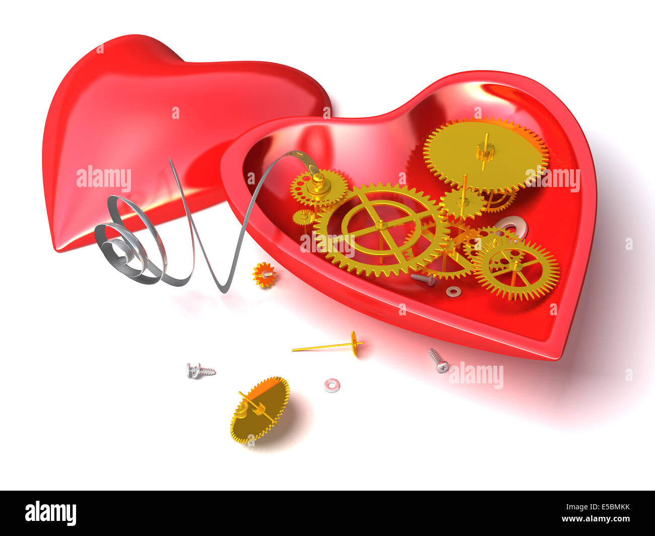 Rotto cuore meccanico o orologio rosso come il cuore aperto con la precisione di un orologio. Concettuale e metaforico 3d illustrazione Foto Stock