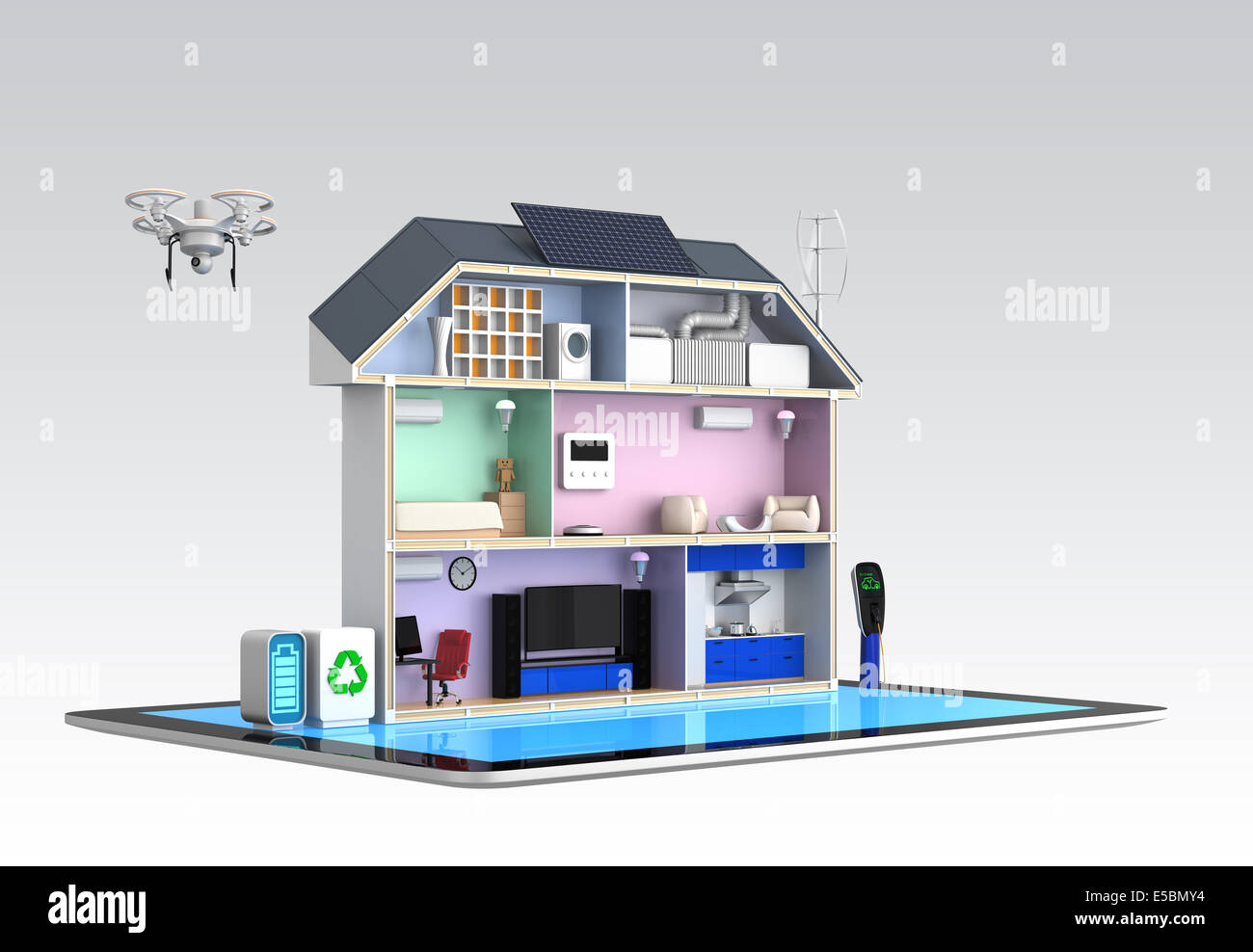 Smart house con efficienza energetica Apparecchi su tablet PC Foto Stock