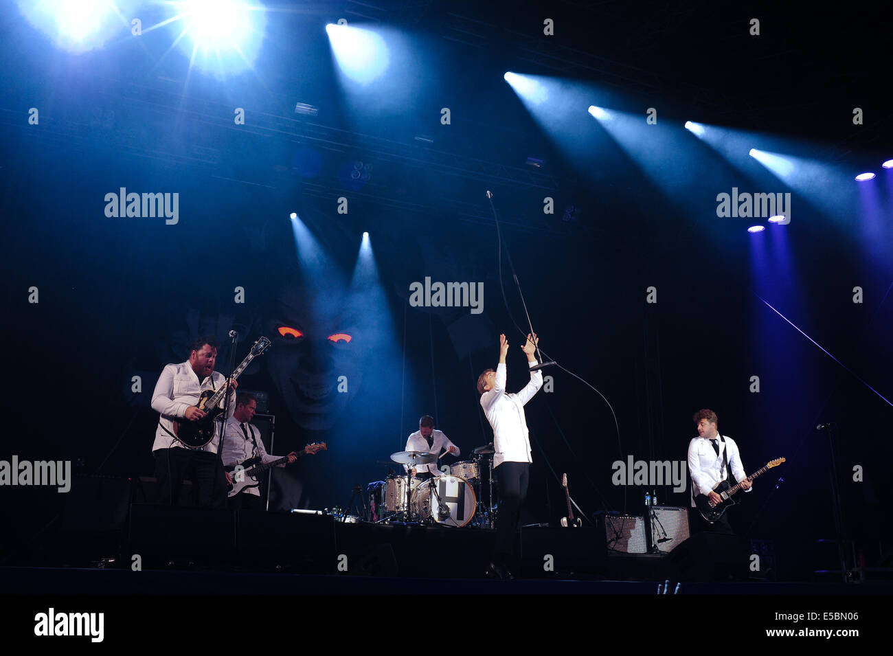 Lšrrach, Germania. 26 Luglio, 2014. Swedish garage rock band gli alveari si esibisce dal vivo a Stimmen (voci) music festival in Lšrrach, Germania. Foto: Miroslav Dakov/ Alamy Live News Foto Stock