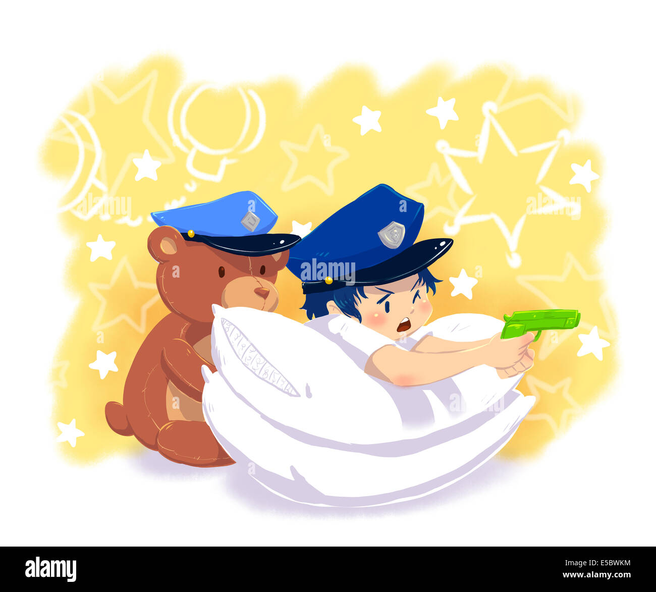 Immagine illustrativa del ragazzo in uniforme della polizia mira con la pistola da orsacchiotto di peluche che rappresentano l'aspirazione Foto Stock