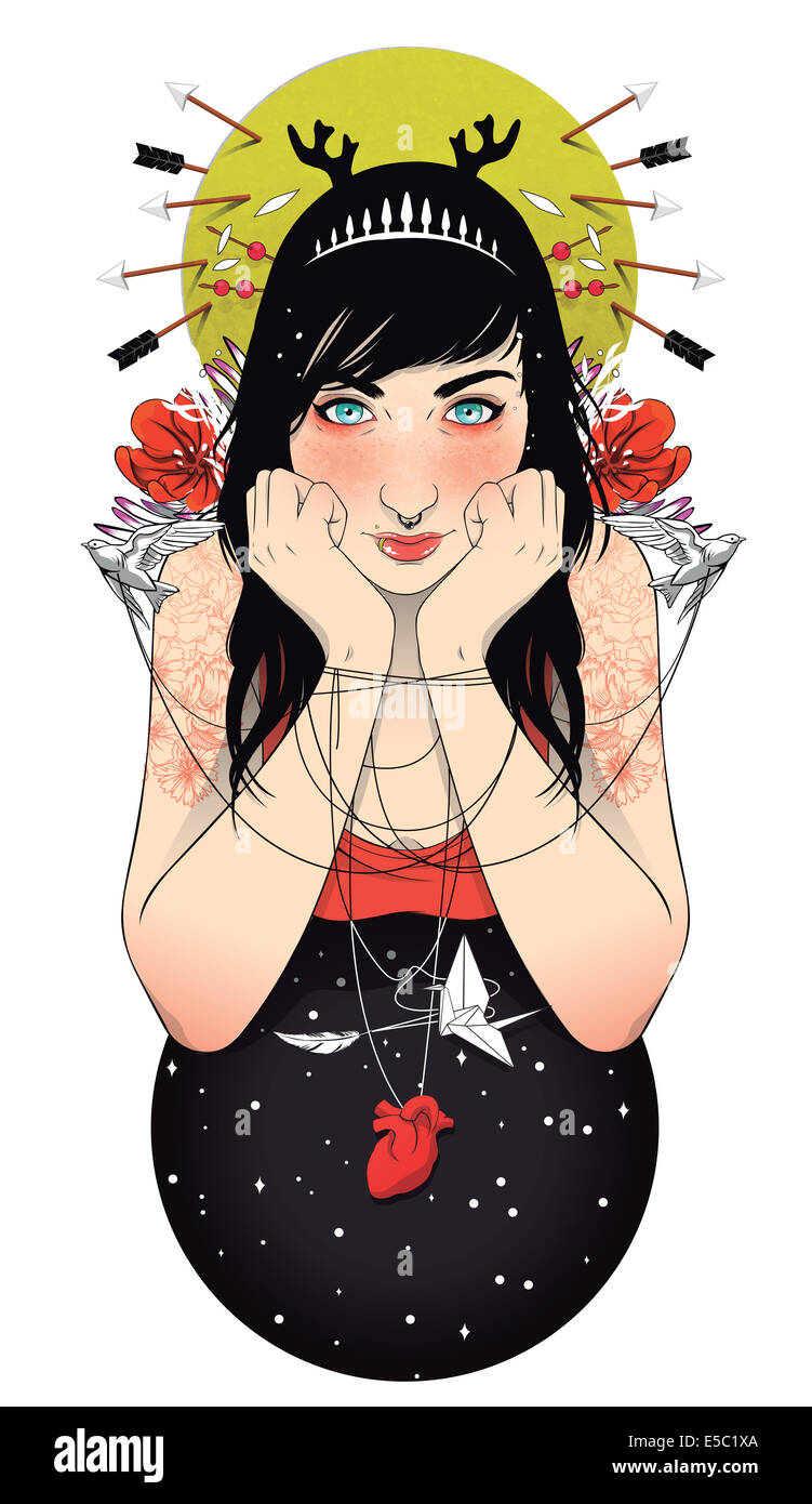 Illustrazione della giovane donna legata al rapporto impegni Foto Stock