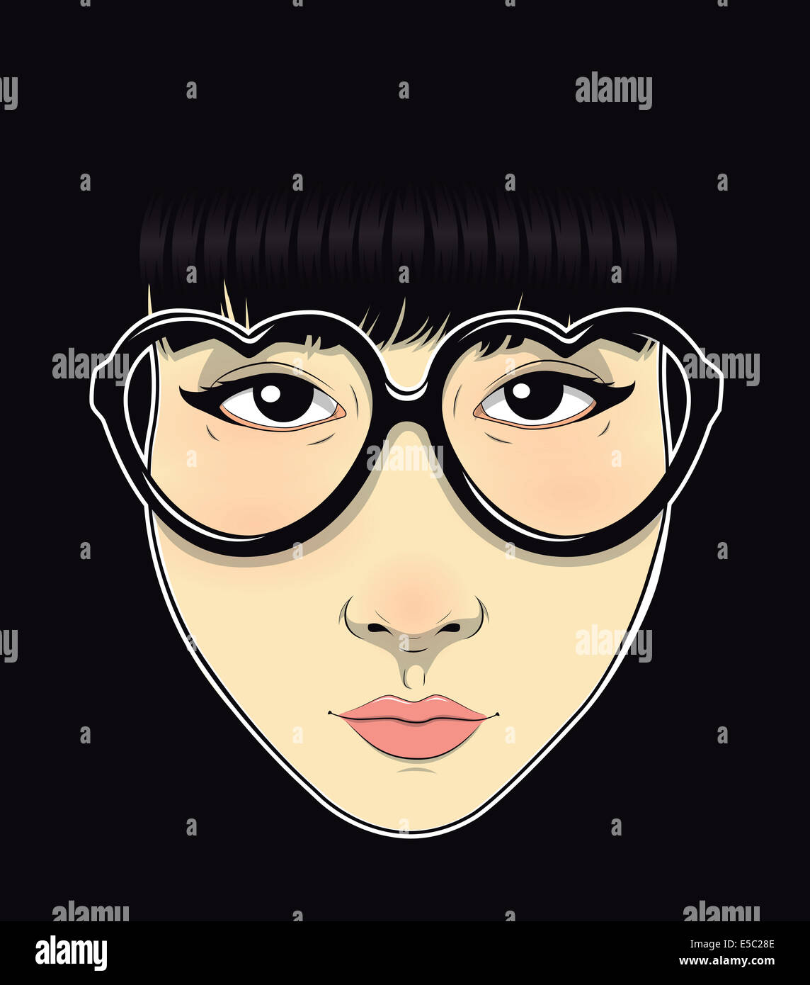 Illustrazione di Moda ragazza adolescente cuore che indossa gli occhiali di forma su sfondo nero Foto Stock