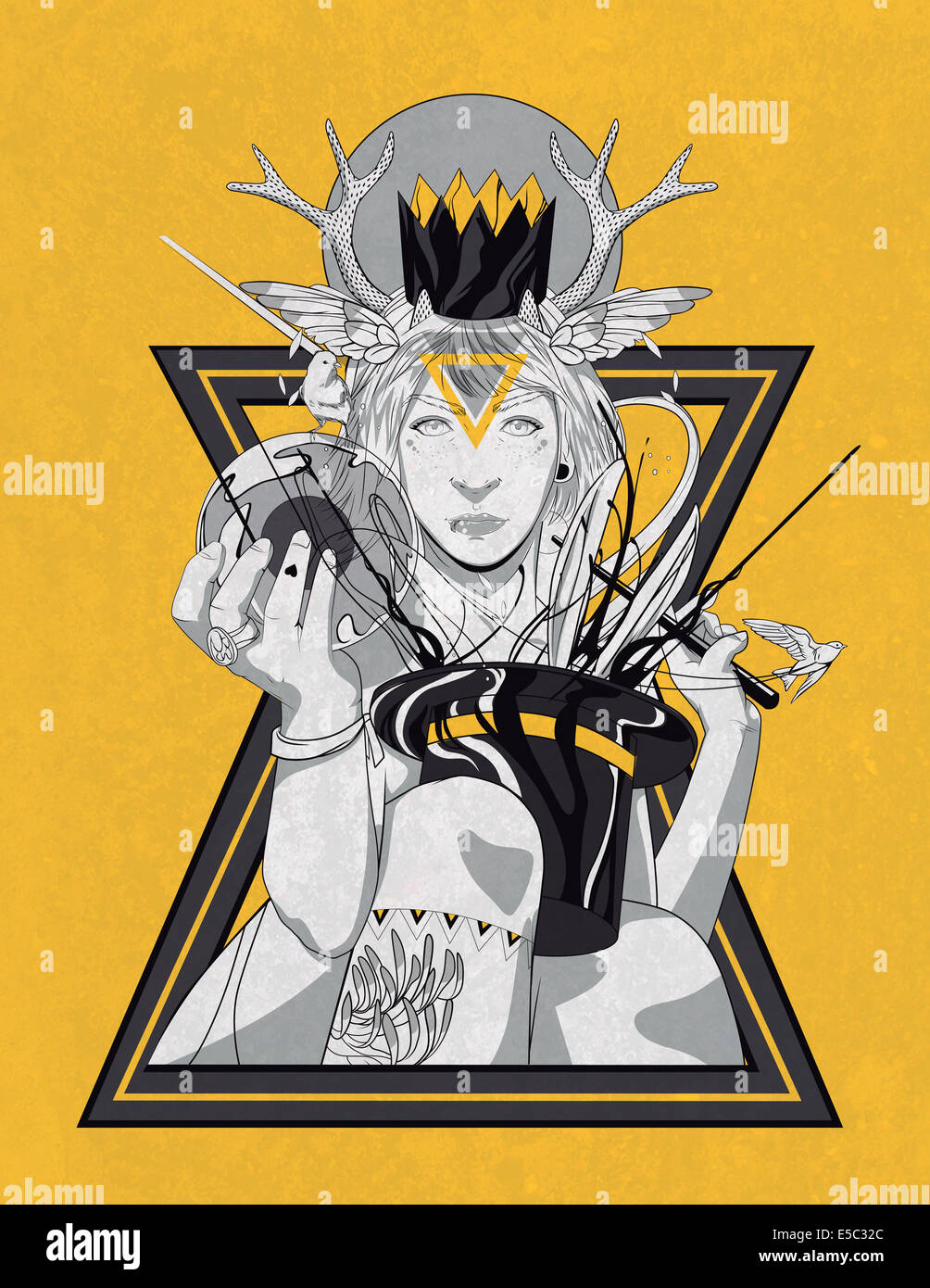 Illustrazione della donna che mantiene il disco e Bacchetta magica su sfondo giallo Foto Stock