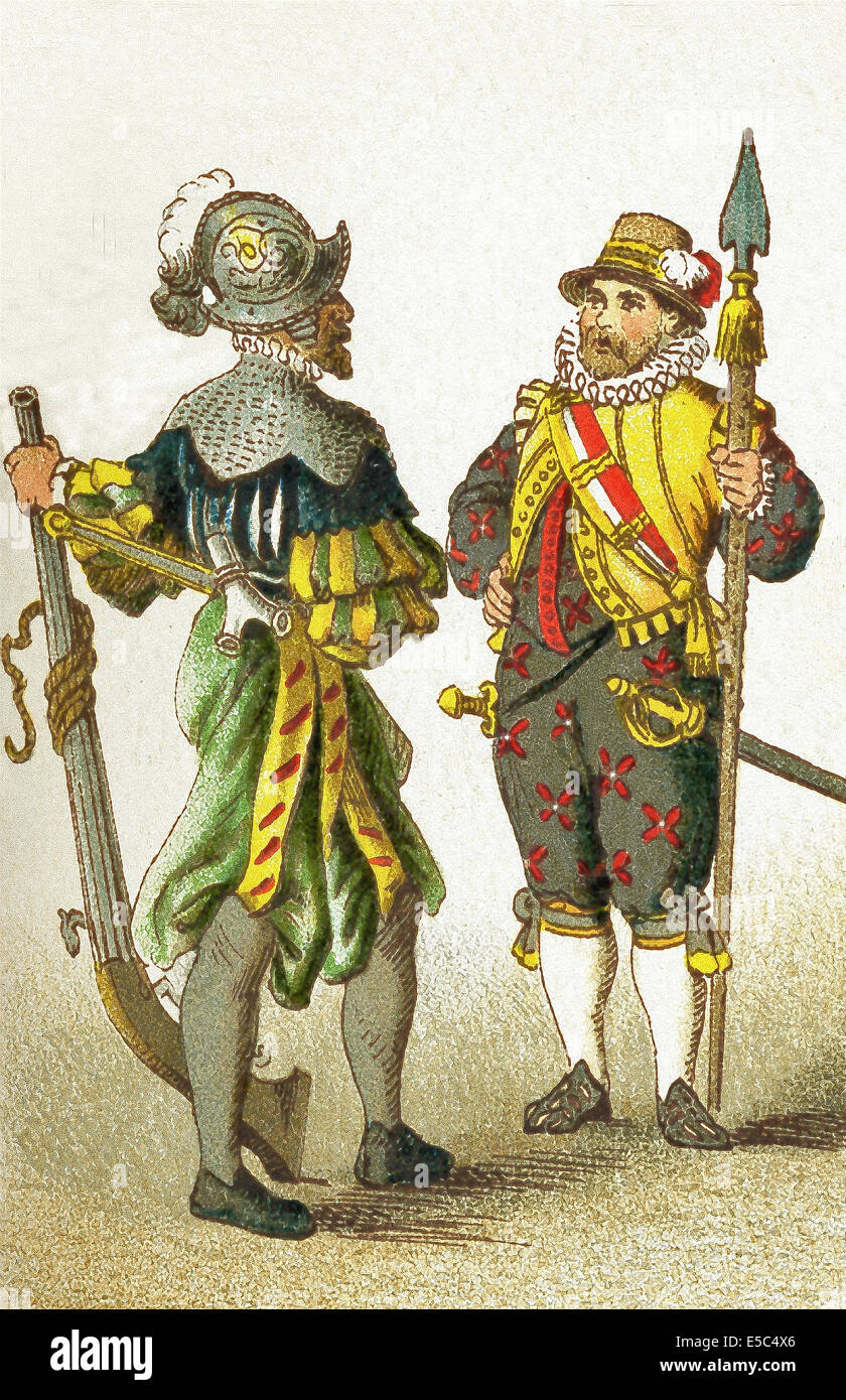 Le figure in questa illustrazione mostra i tedeschi tra 1550 e 1600. Essi sono, da sinistra a destra: soldato armato e cittadino. Foto Stock