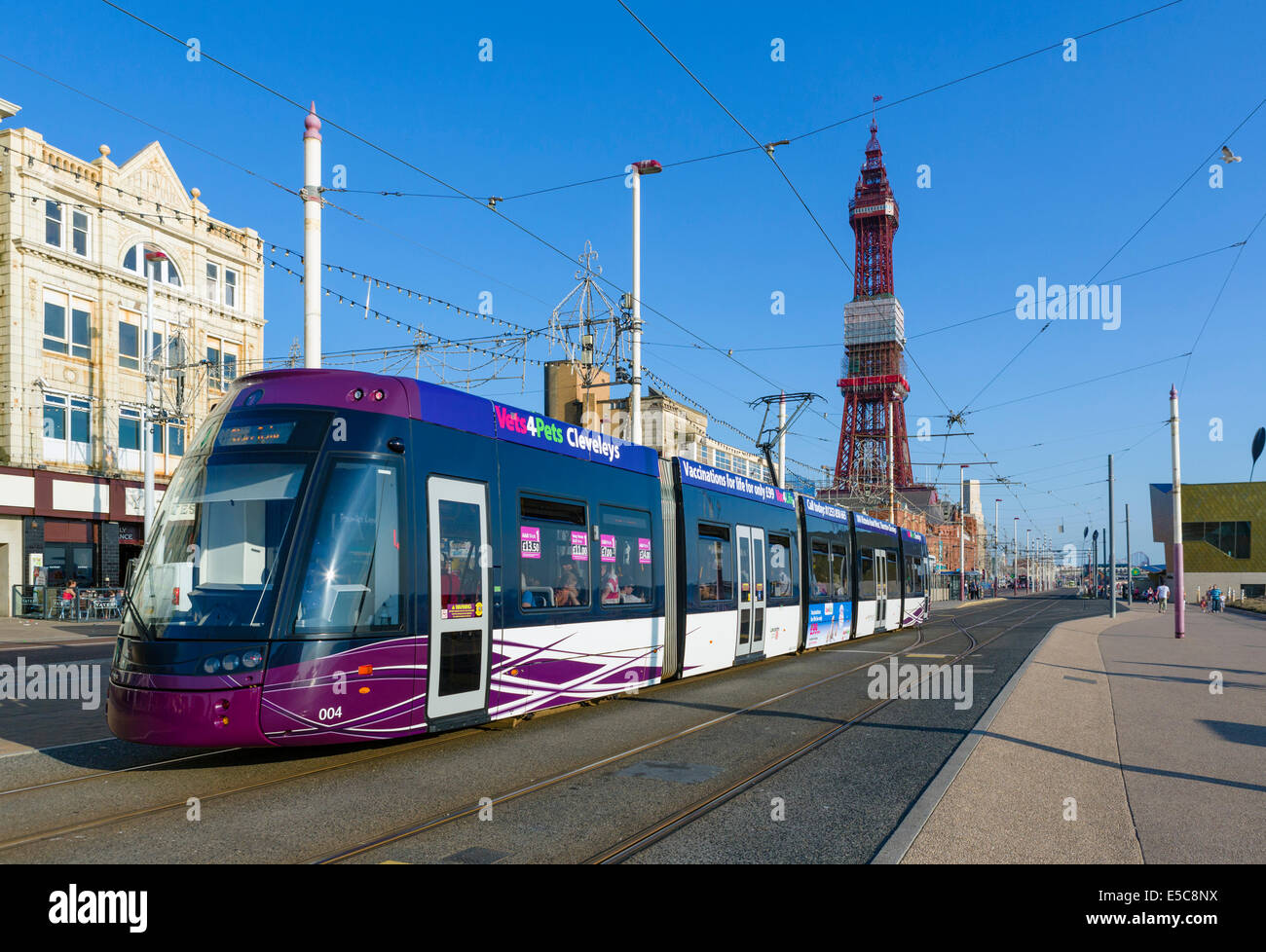 Il tram sul lungomare davanti della Torre di Blackpool, il Golden Mile, Blackpool, Lancashire, Regno Unito Foto Stock