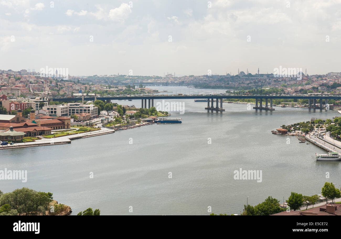 Antenna vista panoramica sul fiume sul Bosforo e Istanbul Turchia dal famoso Pierre Loti Cafe Foto Stock