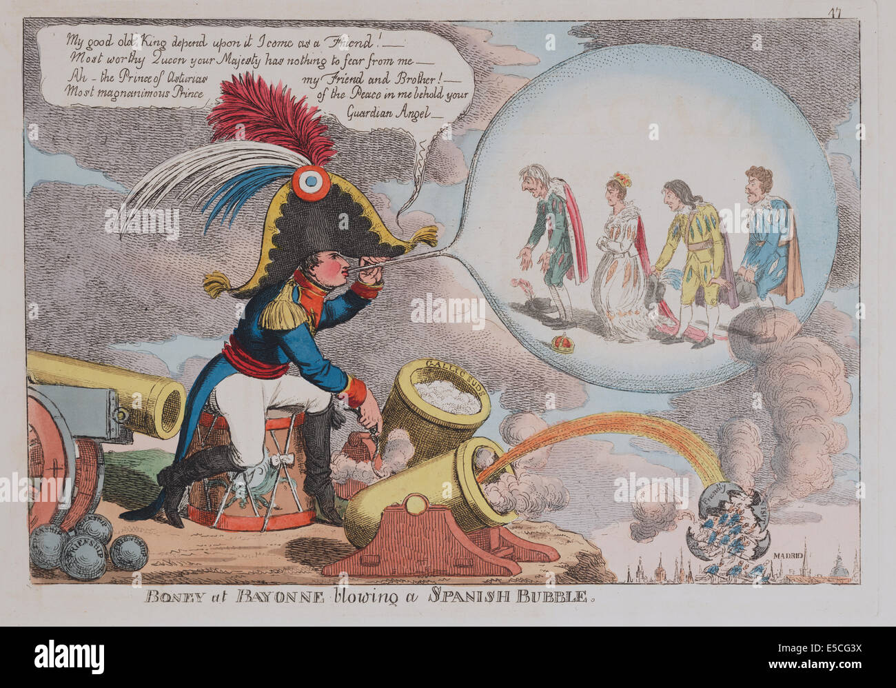 Boney a Bayonne soffiando una bolla di Spagnolo : Napoleone convincente la royalty spagnolo, che sono racchiusi in una bolla di sapone, della sua amicizia come lui spara una palla di cannone a Madrid, circa 1808 Foto Stock