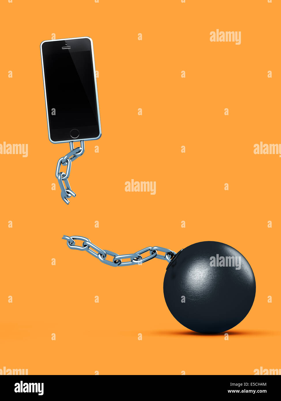 La rottura cellulare lontano dalla sfera e catena, la rottura di un contratto, senza contratto di servizio, illustrazione concettuale in bright orang Foto Stock