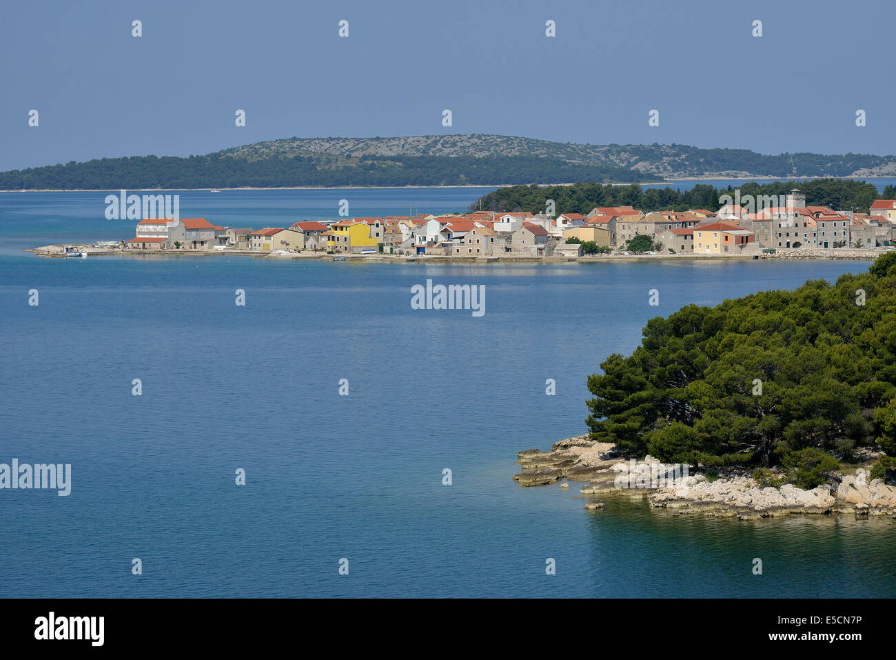 Case sul isola di Krapanj, Adriatico, Sebenico-Knin, Croazia Foto Stock