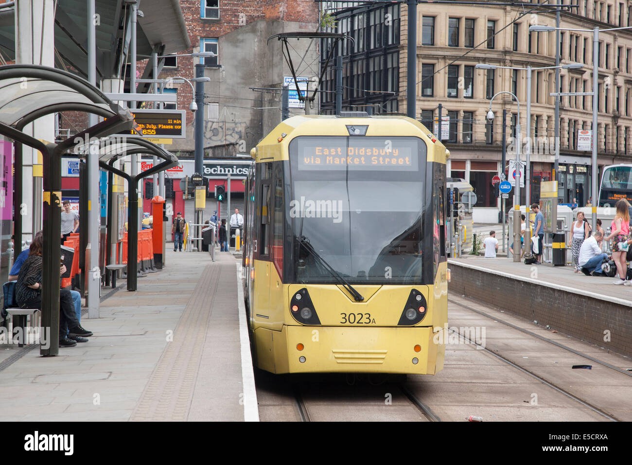 Shudehill Interchange Metrolink Arresto del tracciafile, Manchester, Inghilterra, Regno Unito Foto Stock