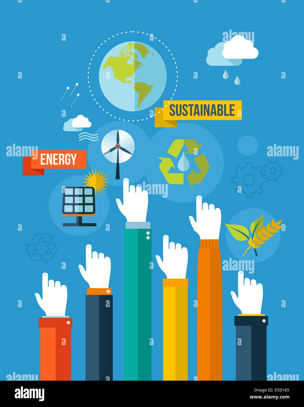 Global green ambiente e sviluppo sostenibile le mani con le icone lo sfondo dell'illustrazione. EPS10 file vettoriale organizzato in la Foto Stock