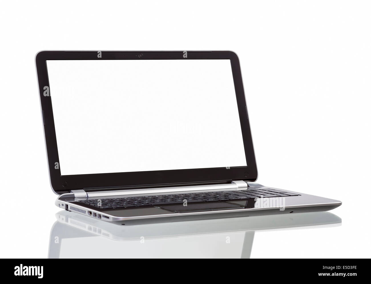 Computer portatile con la schermata vuota bianca su sfondo bianco Foto Stock