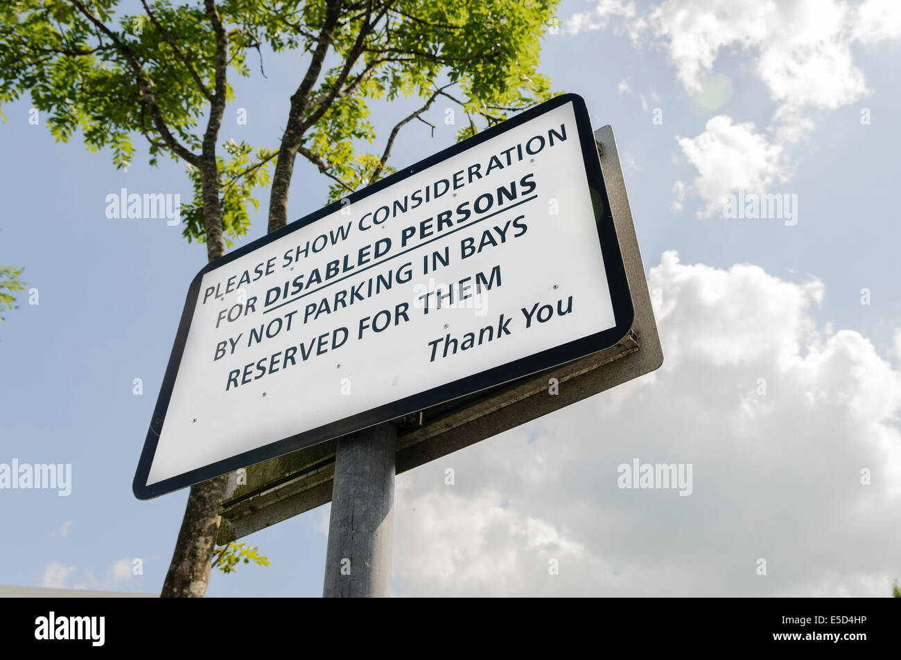 Segno chiedendo ai conducenti di dimostrare considerazione per le persone disabili non parcheggio negli alloggiamenti riservati per loro Foto Stock