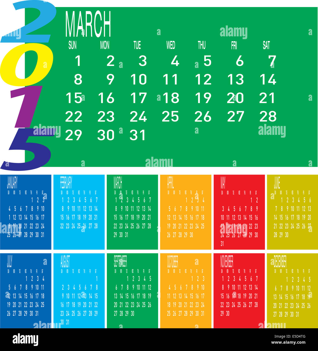 Il vettore di 2015 Calendario colorato - Marzo. Foto Stock