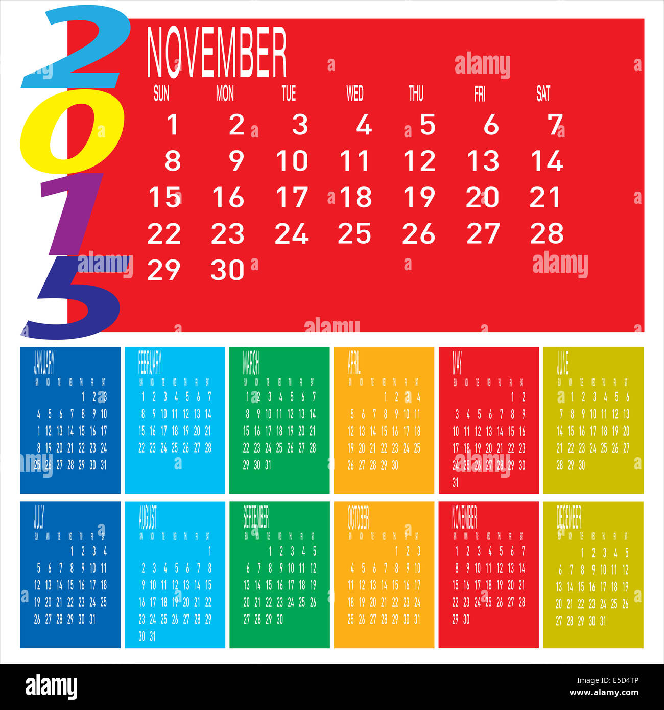 Il vettore di 2015 Calendario colorato - Novembre. Foto Stock