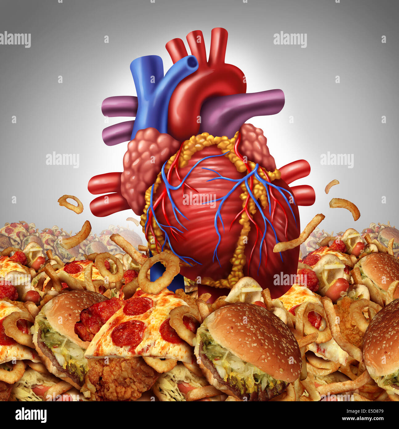 La malattia di cuore simbolo di rischio e di cura di salute e nutrizione nozione come un umano organo cardiovascolare annegamento in un oceano di unto Foto Stock