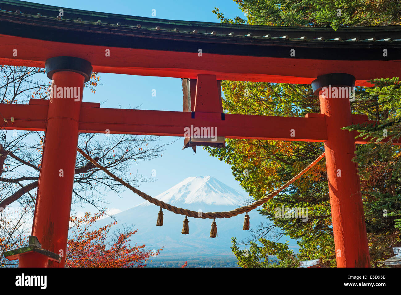 Asia; Giappone Honshu Mt Fuji 3776m e Arakura Sengen Jinja torii gate, sacrario scintoista, Patrimonio Mondiale dell Unesco Foto Stock