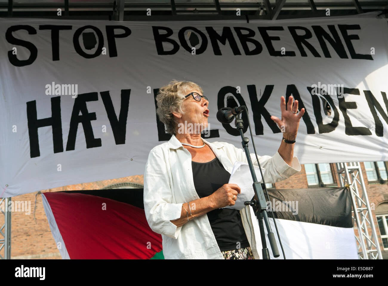 Copenaghen, Danimarca - lunedì, luglio 28th, 2014: ala sinistra membro dell'UE Il Parlamento, Margrethe Auken (partito: Socialistisk Folkeparti) parla al pro Palestina dimostrazione, che raccogliere alcuni 4 - 5000 persone a Copenaghen la piazza del municipio di questo pomeriggio contro Israele il bombardamento di Gaza. La manifestazione è stata organizzata dalla Danish-Palestinian Associazione di amicizia e aiuto di azione in Danimarca. Credito: OJPHOTOS/Alamy Live News Foto Stock