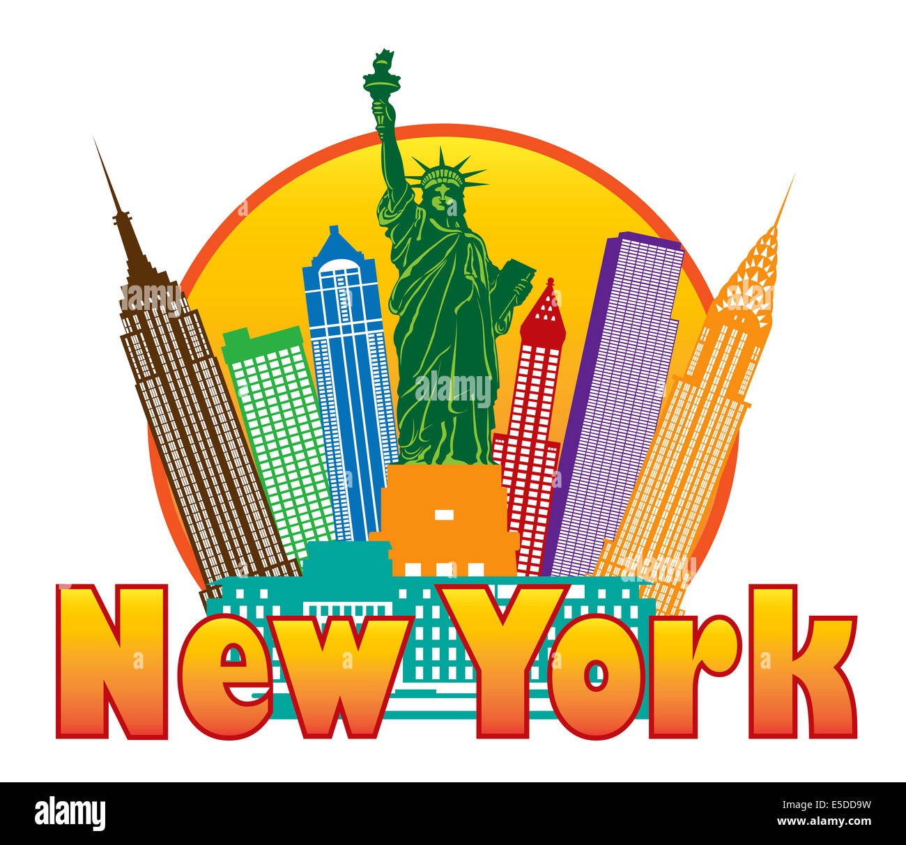La città di New York skyline colorati con statua della libertà nel cerchio delineare con illustrazione di testo Foto Stock La città di New York skyline colorati con statua della libertà nel cerchio delineare con illustrazione di testo Foto Stock
