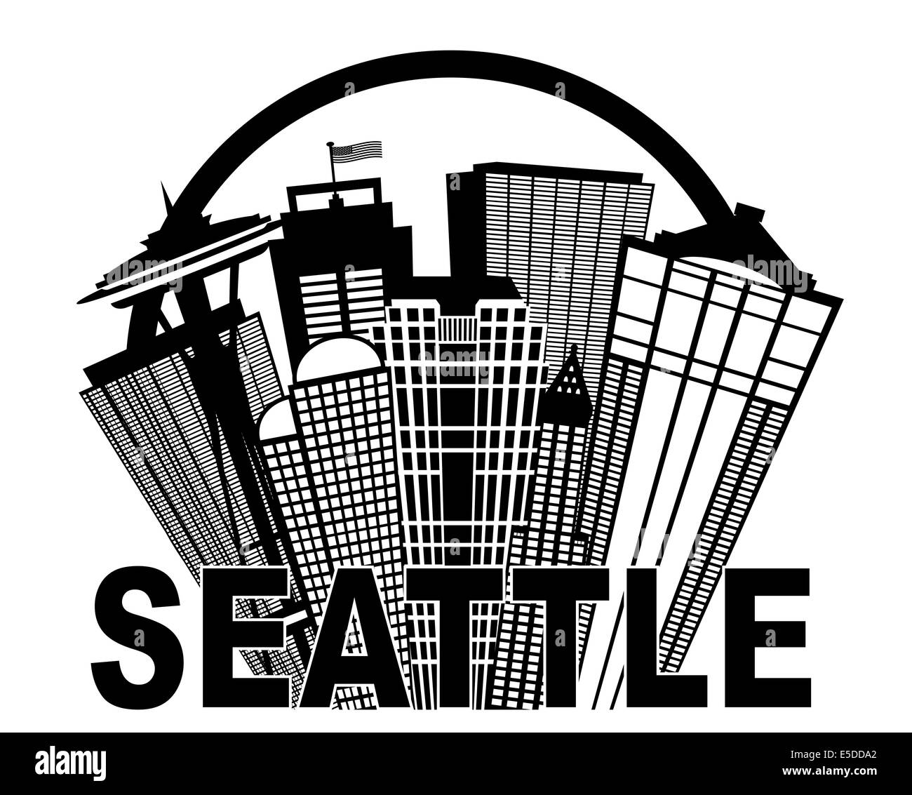 Seattle Washington Abstract Downtown skyline della città in cerchio isolato nero su sfondo bianco illustrazione Foto Stock