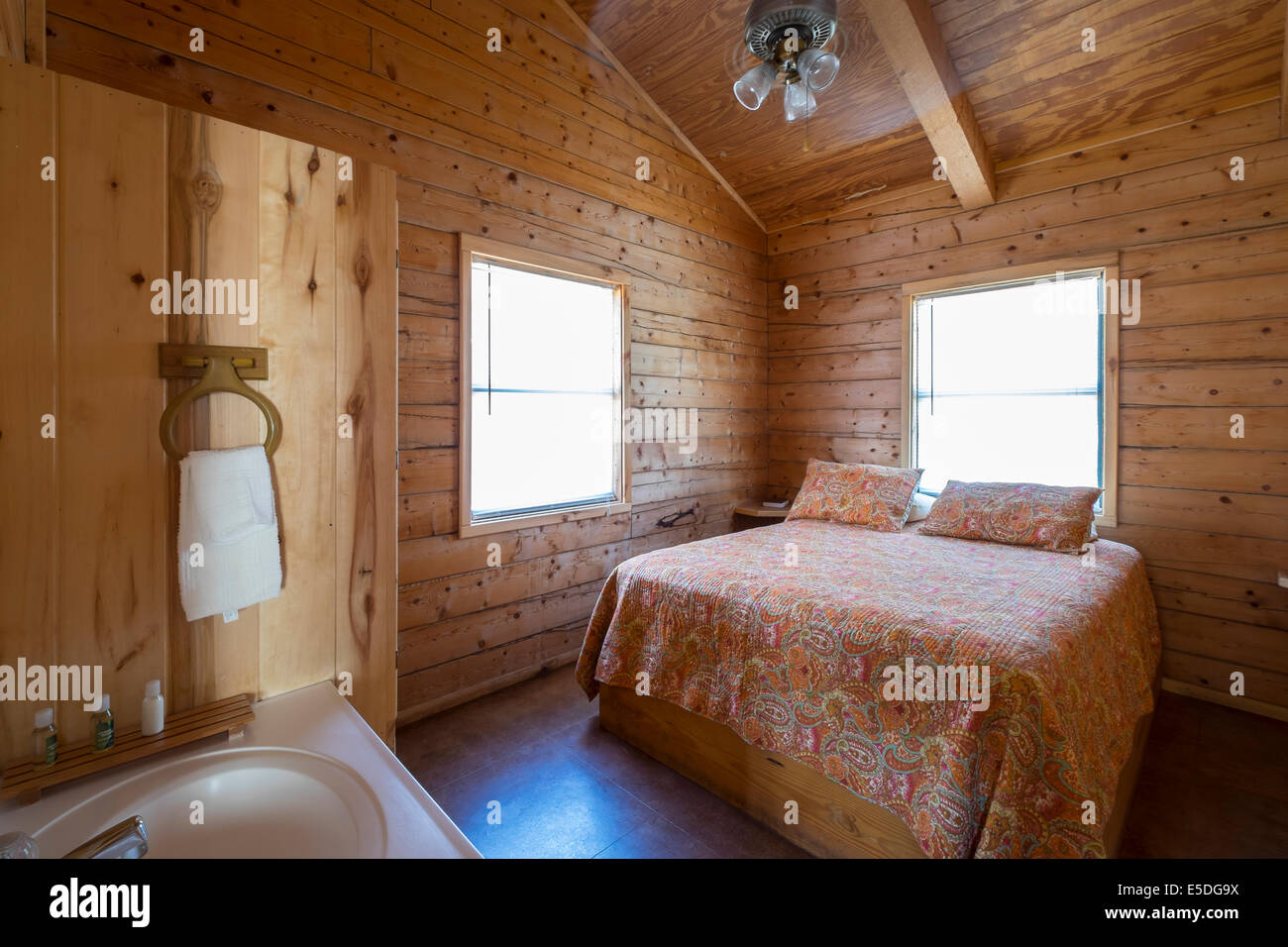 Stati Uniti d'America, Texas, camera da letto con stanza da bagno vanity in log home Foto Stock