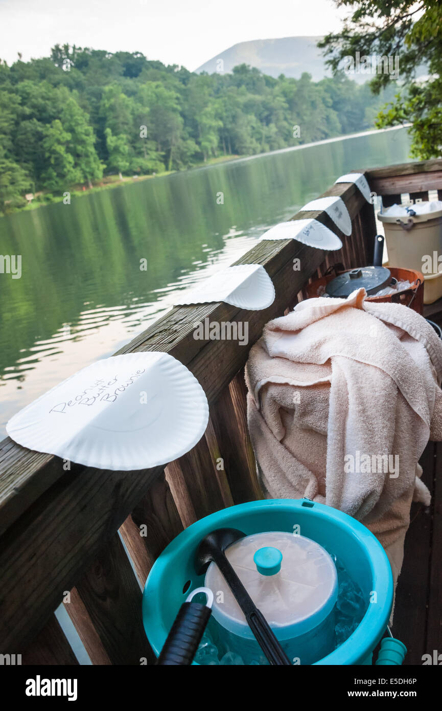 I bidoni di gelato fatto in casa allineate su un lago dock per una riunione di famiglia la raccolta a Vogel State Park in North Georgia. Foto Stock