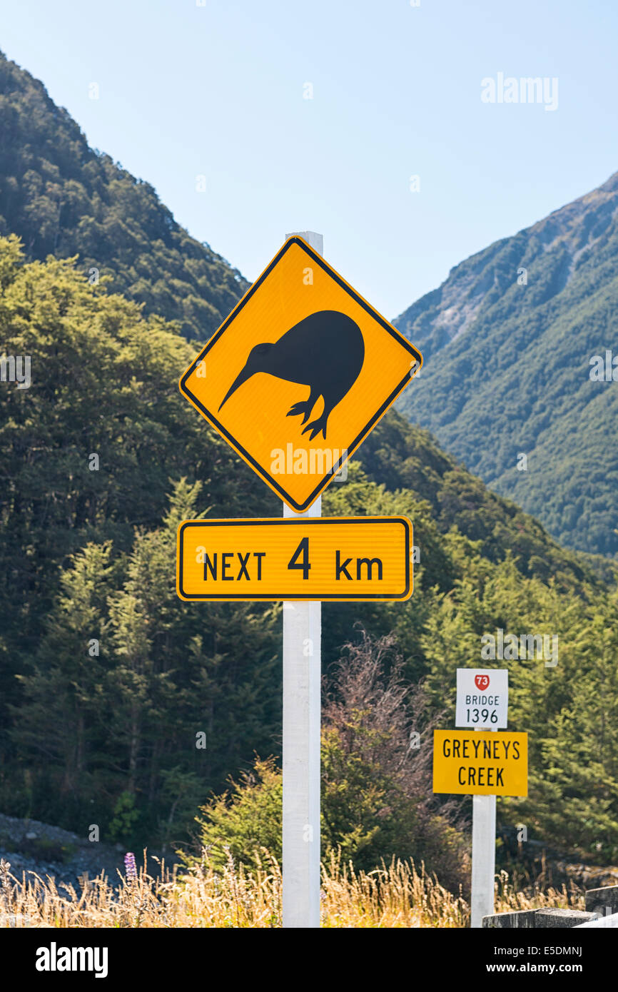 Nuova Zelanda, Isola del Sud, il fiume Waimakariri, avvertimento cartello stradale per uccelli kiwi a Grayneys Creek Foto Stock