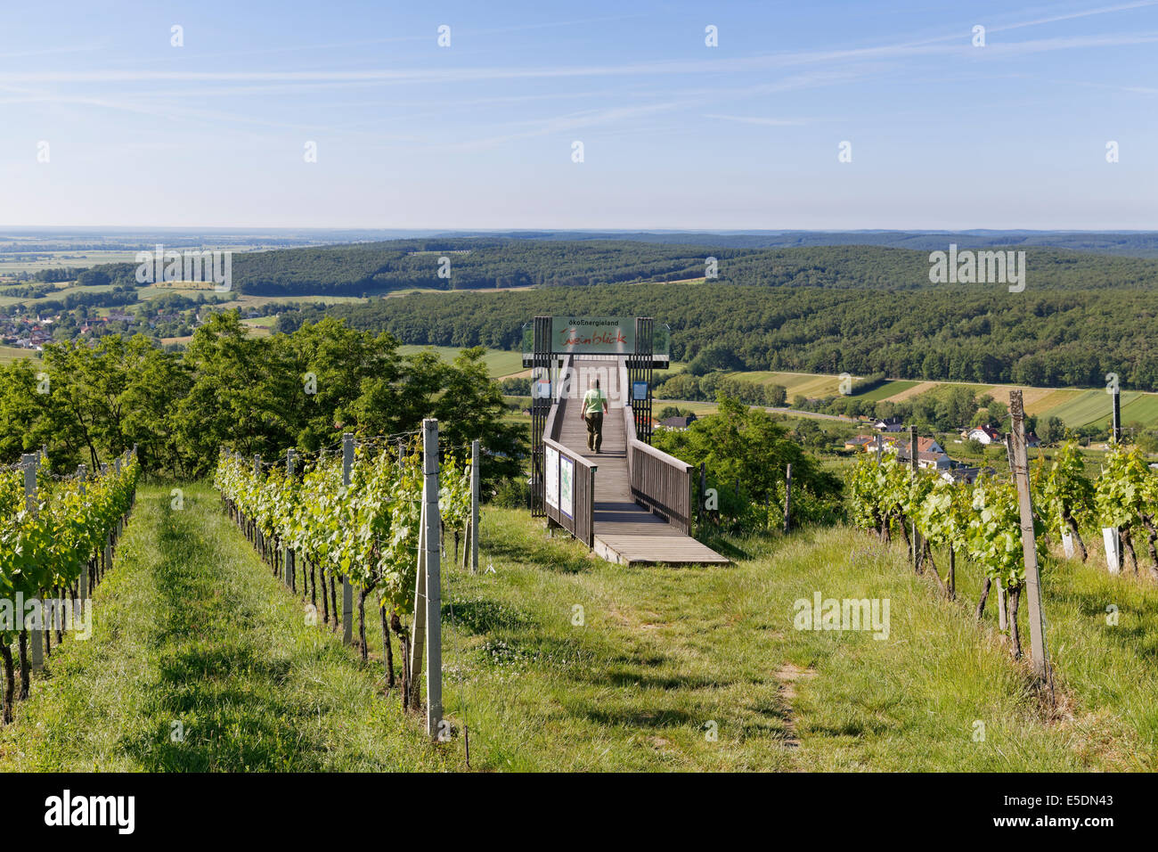 Austria, Burgenland, Oberwart distretto, Eisenberg an der Pinka, Donna che cammina alla piattaforma di visualizzazione Foto Stock