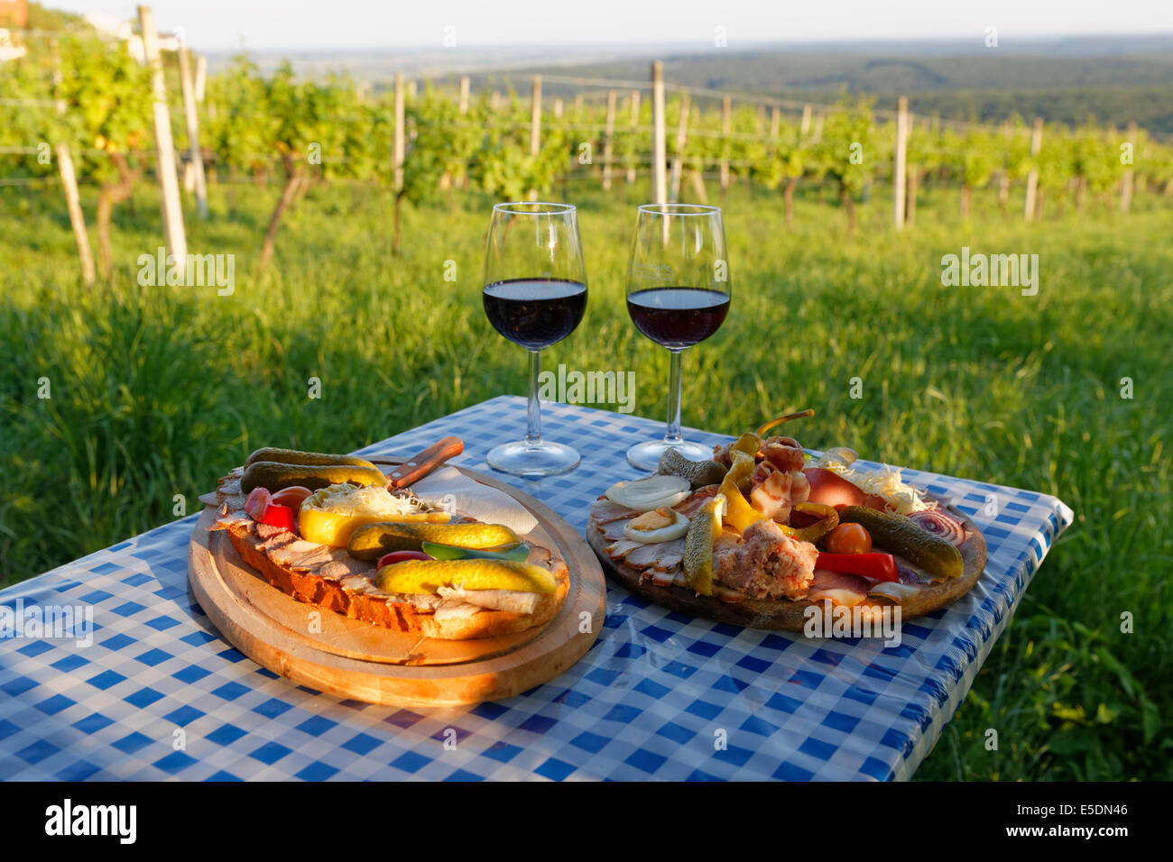 Austria, Burgenland, Oberwart distretto, Eisenberg an der Pinka, rosso bicchieri da vino, cumino arrosto e del vignaiolo-piastra sulla tabella Foto Stock