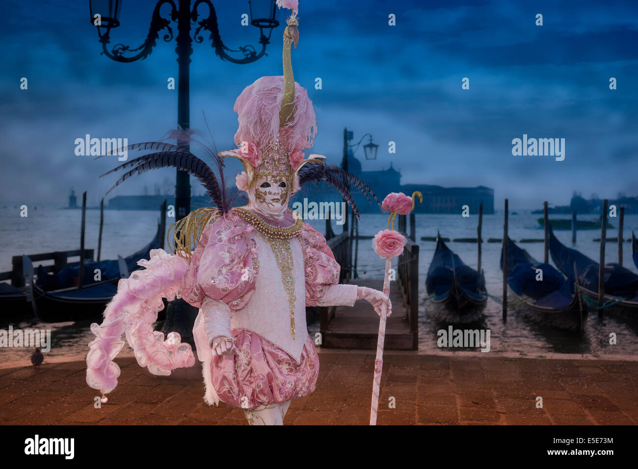 L'uomo nel carnevale di fantasia fenicottero rosa costume sul lungomare di Venezia. Foto Stock