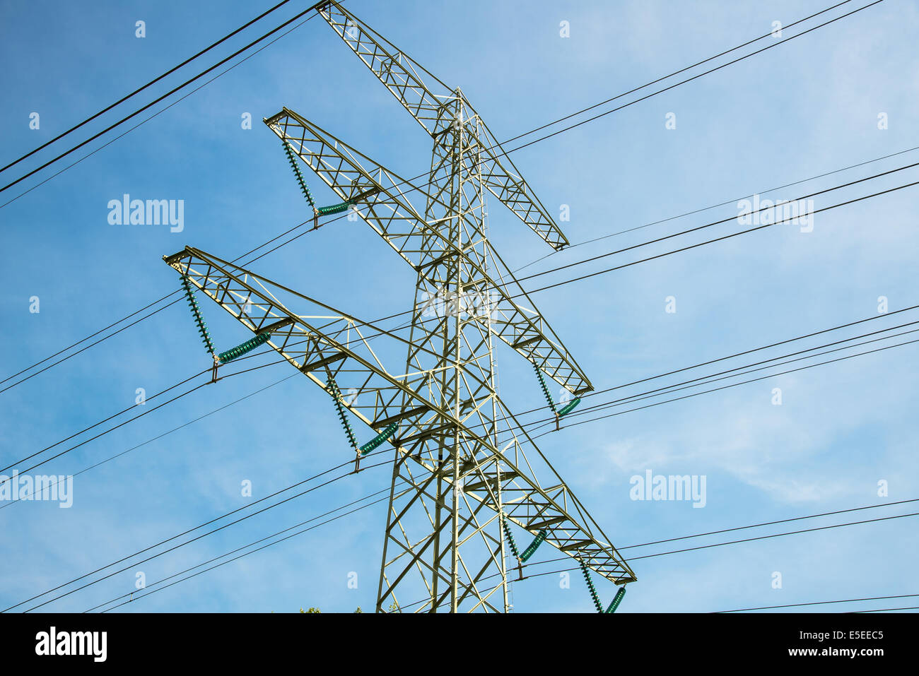 Pilon cavi di energia elettrica in corrispondenza di una stazione di alimentazione Foto Stock