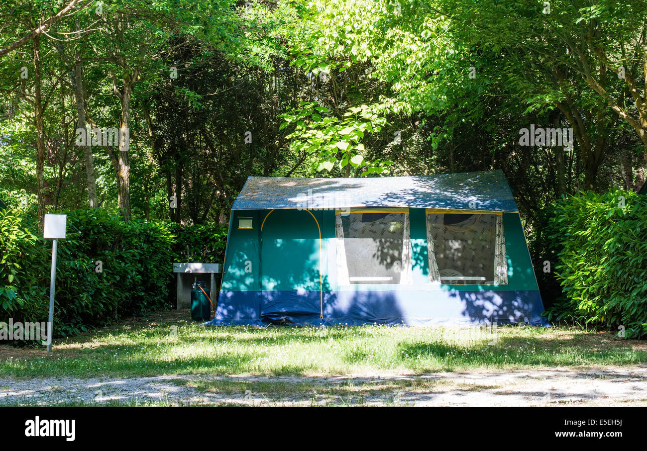 Tenda in campeggio tra gli alberi. Luce solare Foto Stock