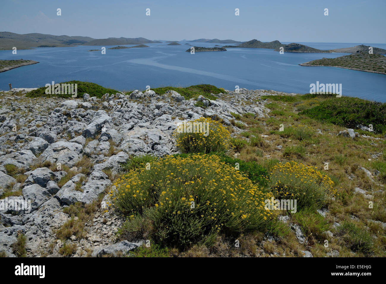 Vista da Levrnaka island oltre le isole di Kornati, Mare Adriatico, Isole di Kornati Parco Nazionale, Croazia Foto Stock