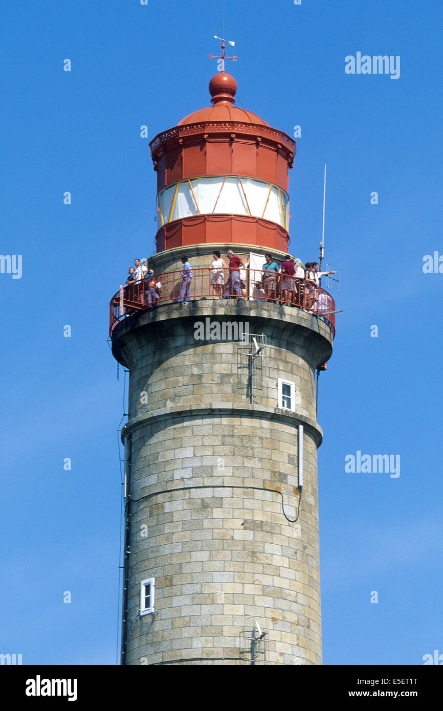 Francia, Bretagne, Morbihan, belle ile en mer, sommet du phare de goulphar, touristes, signalisation Maritime, Foto Stock