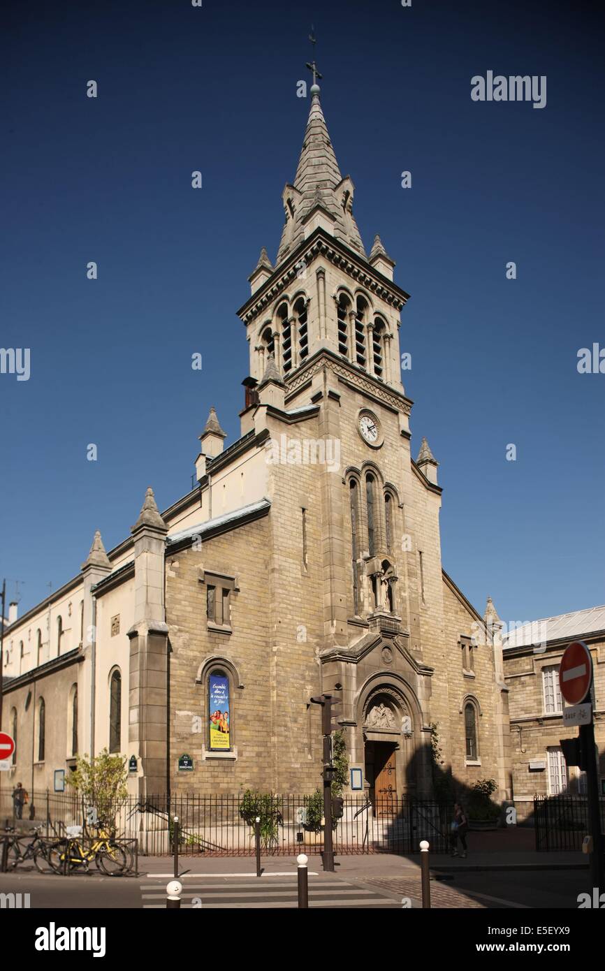 Francia, Ile de France, parigi 12e circondario, rue du rendez vous, chapelle sainte radegonde, eglise, religione, clocher, Foto Stock